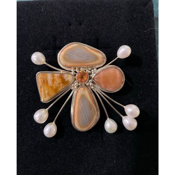 Artisan Sterling Silver Pendant with Jasper, Pearl Accents & Gemstone Center - Picture 1 of 7